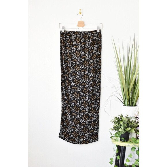 vintage Dresses & Skirts - Dan Howard VTG 90s Maxi Skirt Woman's M Black Leaf Botanical Bias Cut Rayon